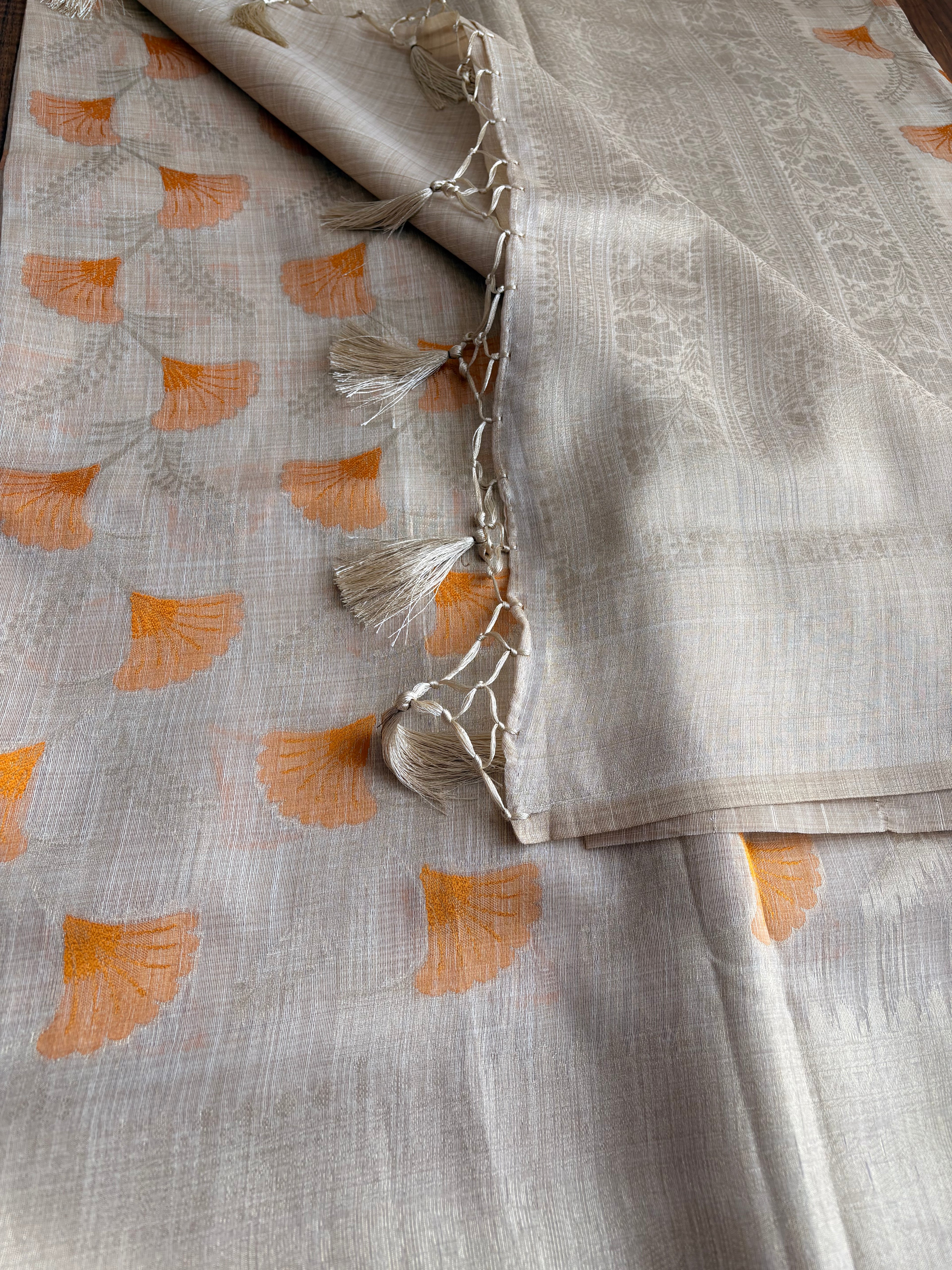 Chanderi blend saree with woven yellow motifs