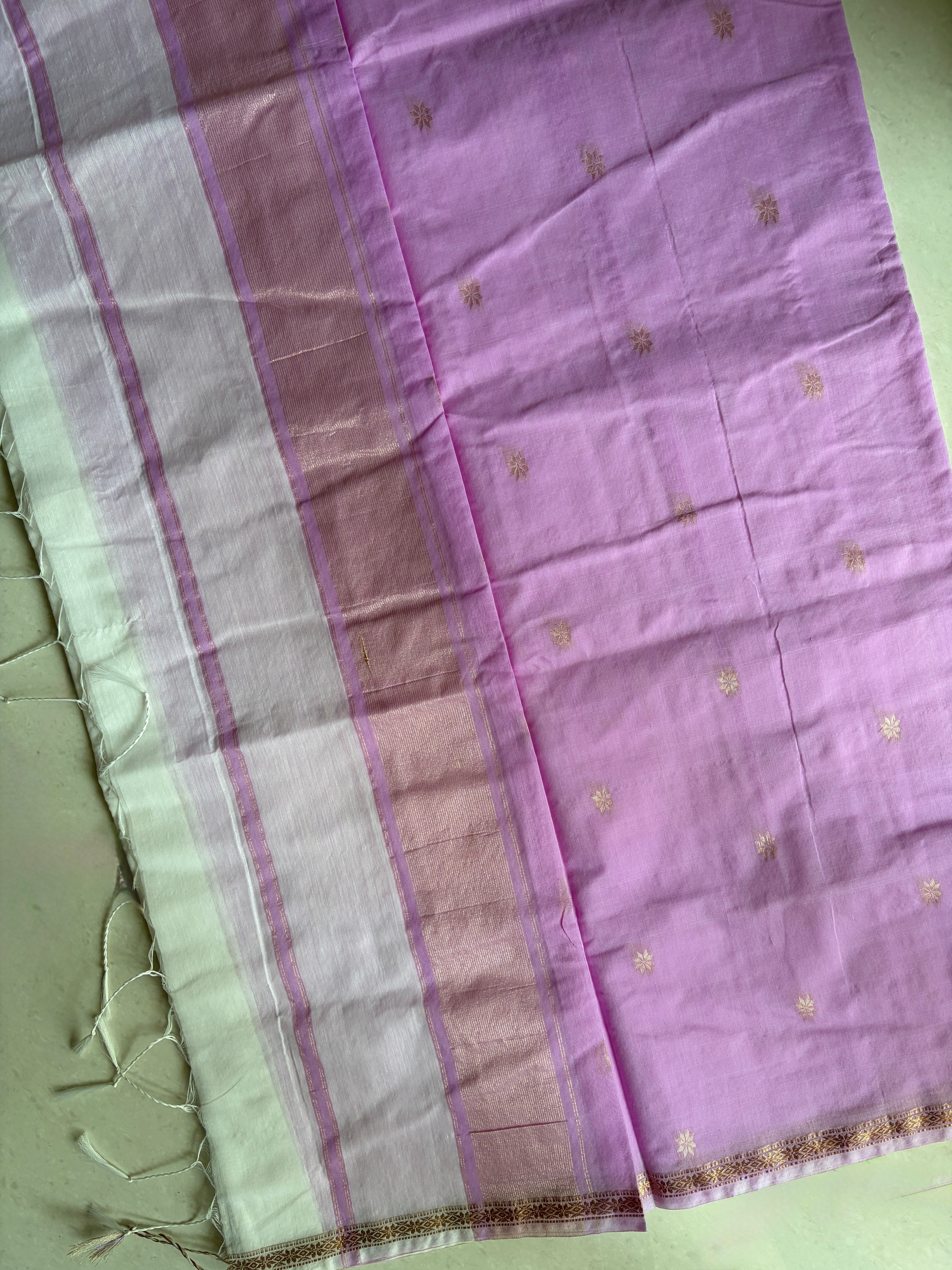 Noor-Maheswari Cotton Silk Saree-Ivory White and Lilac Pallu