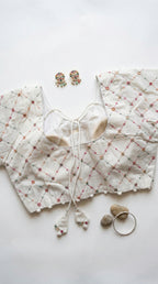 Khadi half sleeve padded blouse in grid pattern embroidery