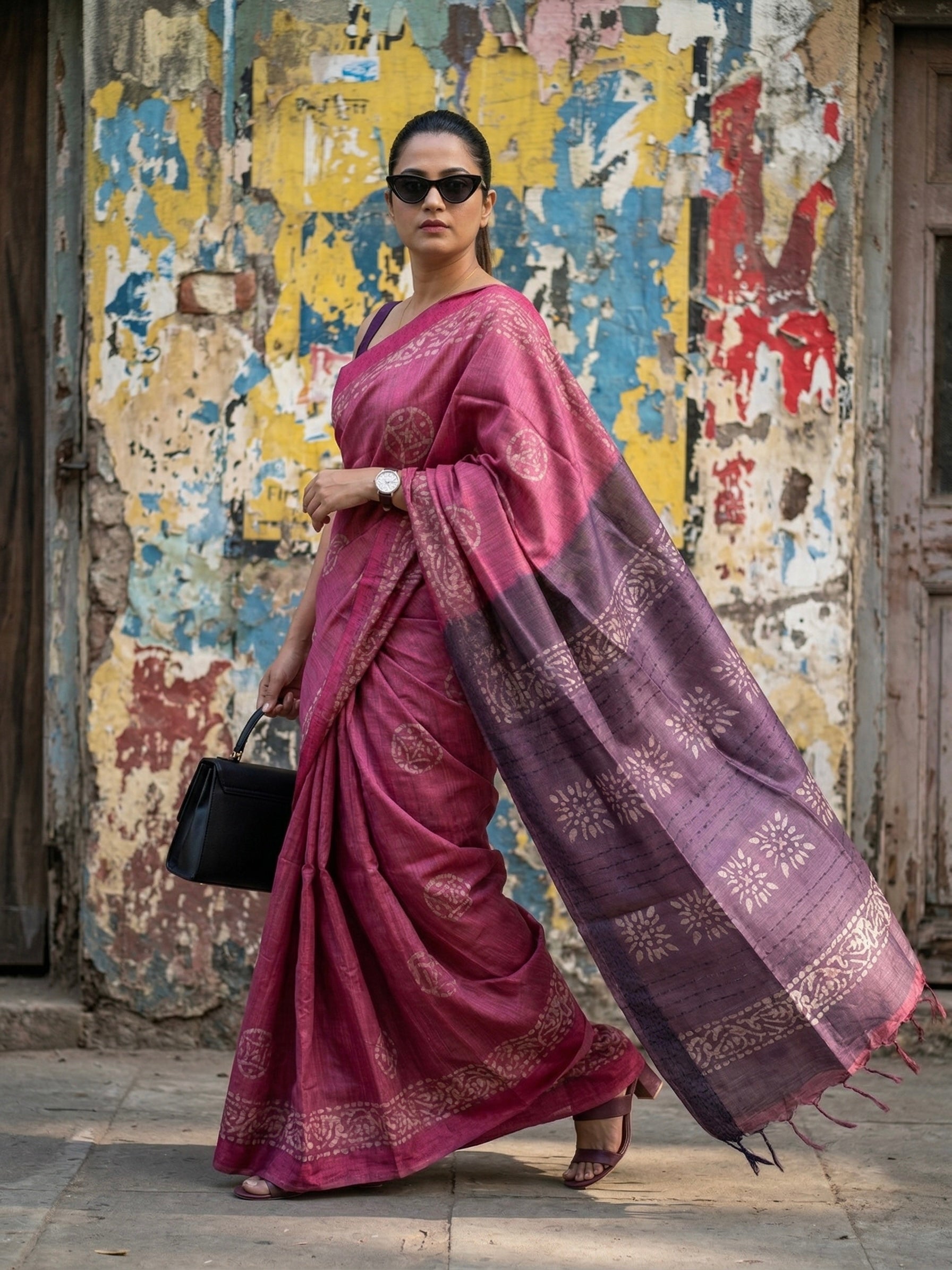 Semi tussar tissue saree in batik print
