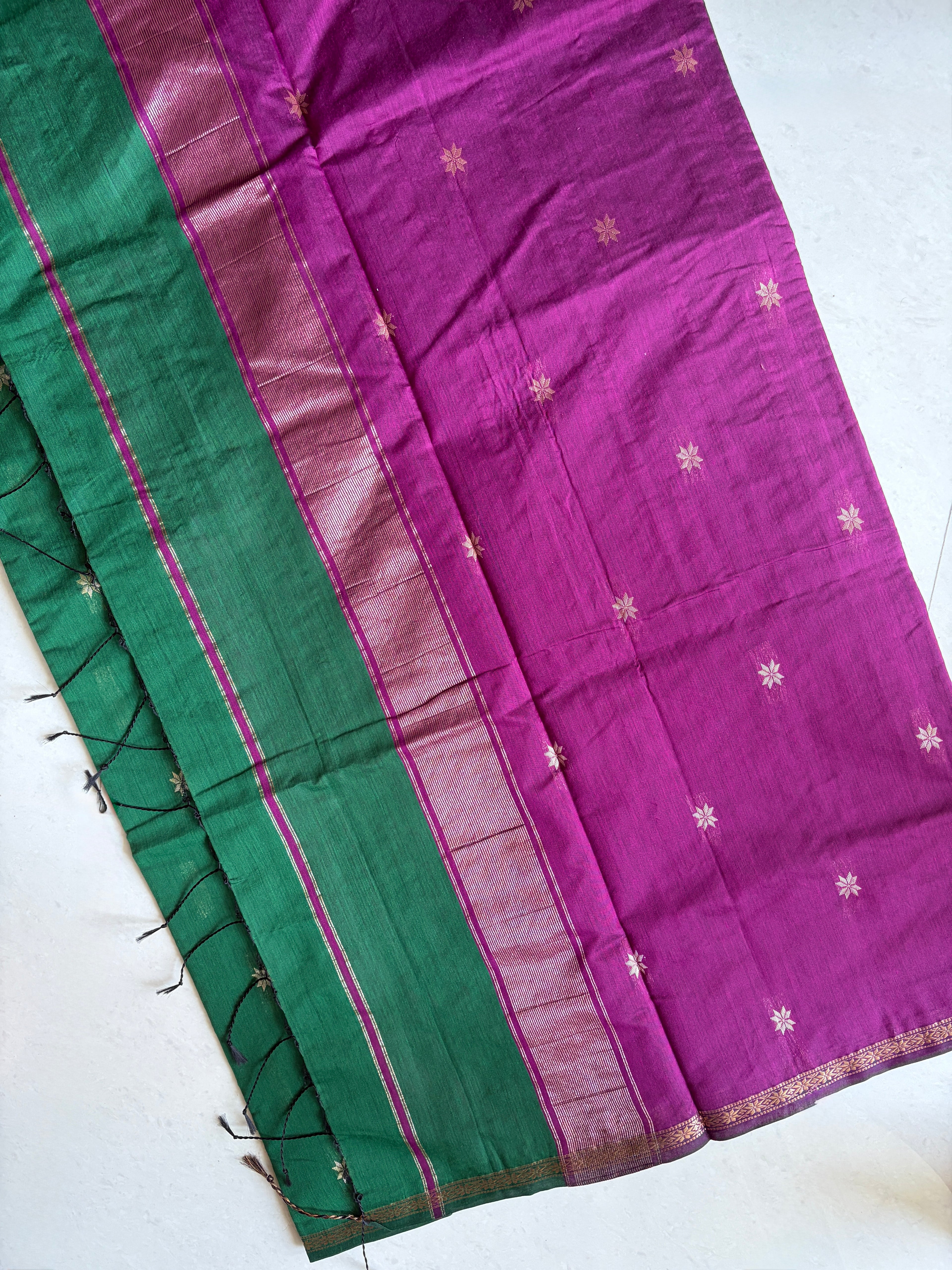 Jiya-Maheswari Cotton Silk Saree-Emerald Green and Purple Pallu