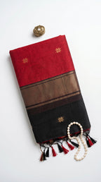 Raga-Maheswari Cotton Silk Saree-Crimson Red and Black Pallu