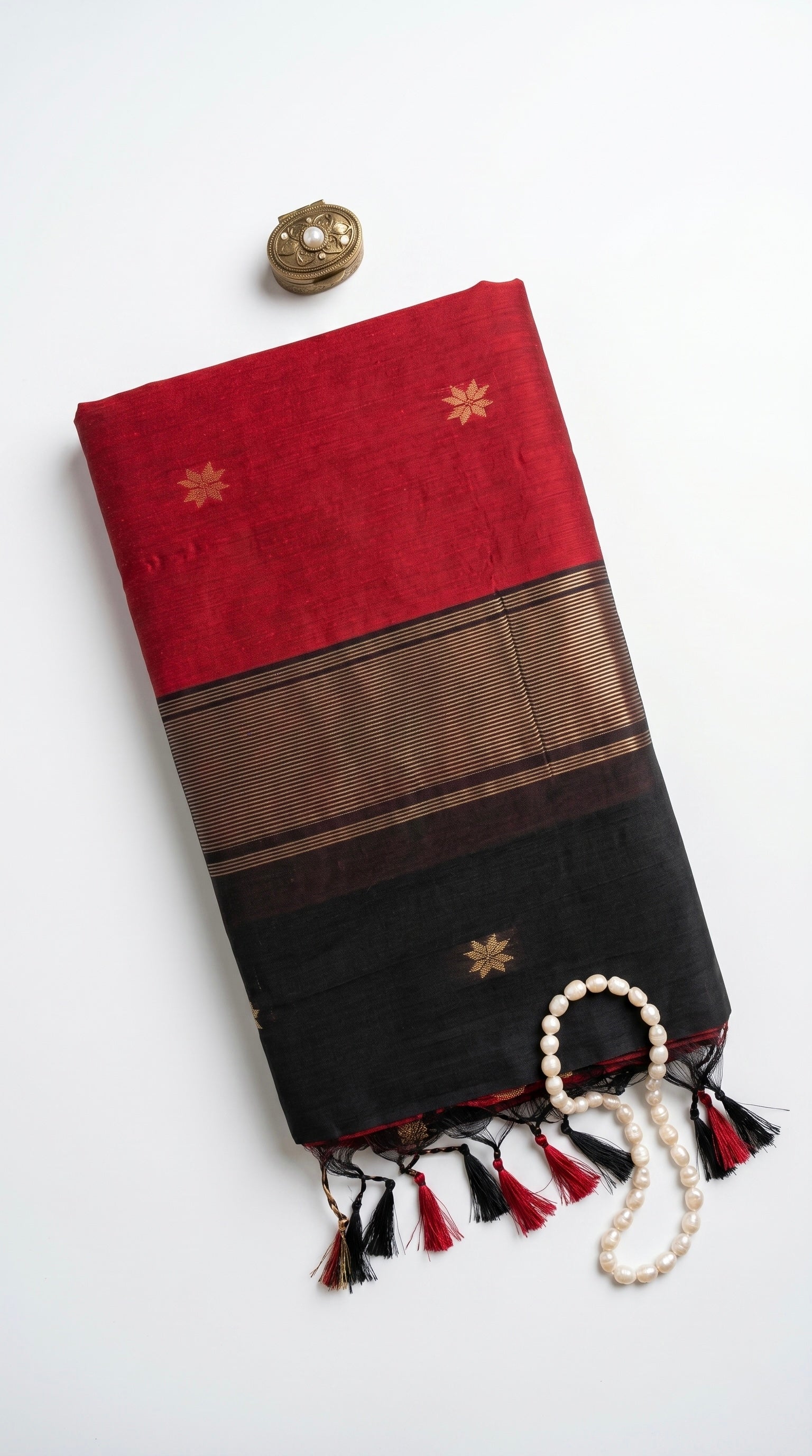 Raga-Maheswari Cotton Silk Saree-Crimson Red and Black Pallu