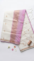 Noor-Maheswari Cotton Silk Saree-Ivory White and Lilac Pallu