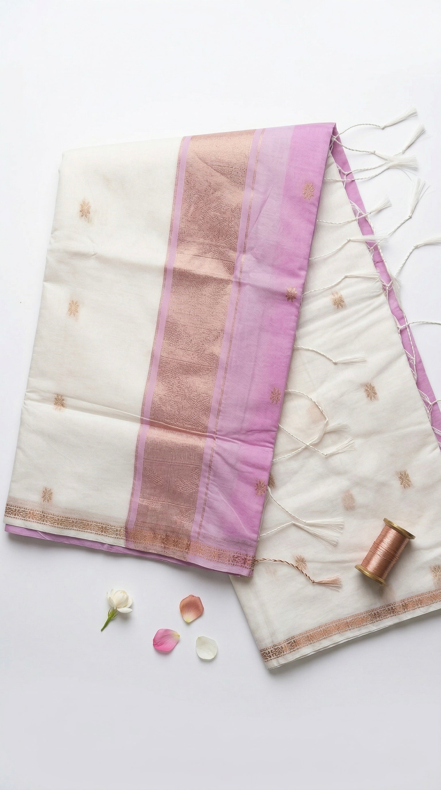 Noor-Maheswari Cotton Silk Saree-Ivory White and Lilac Pallu