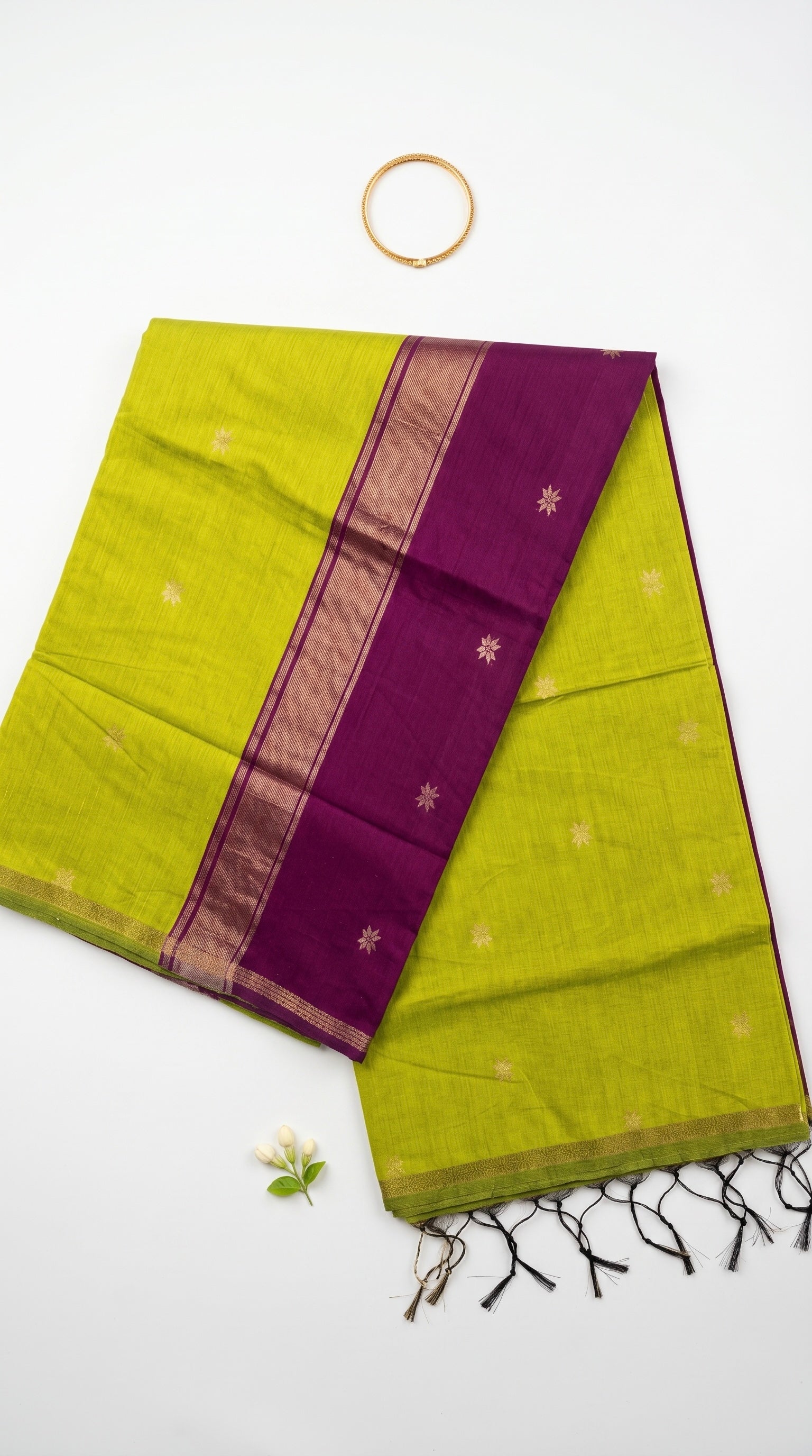 Aabha-Maheswari Cotton Silk Saree-Lime Green and Purple Pallu