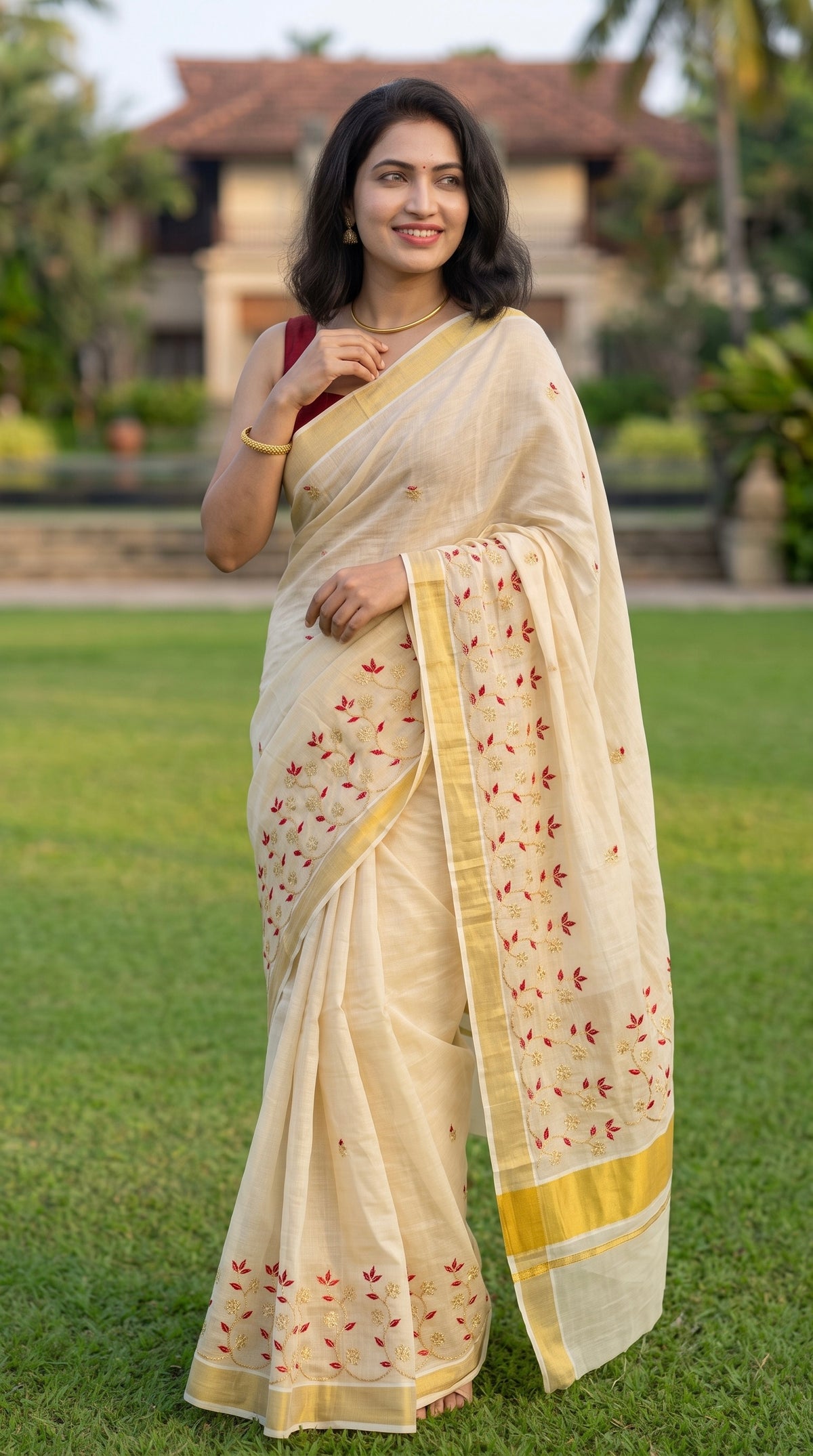 Kerala kasavu saree in tissue with gold zari and embroidery