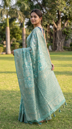 Chanderi Cotton saree with jacquard weave pallu in teal
