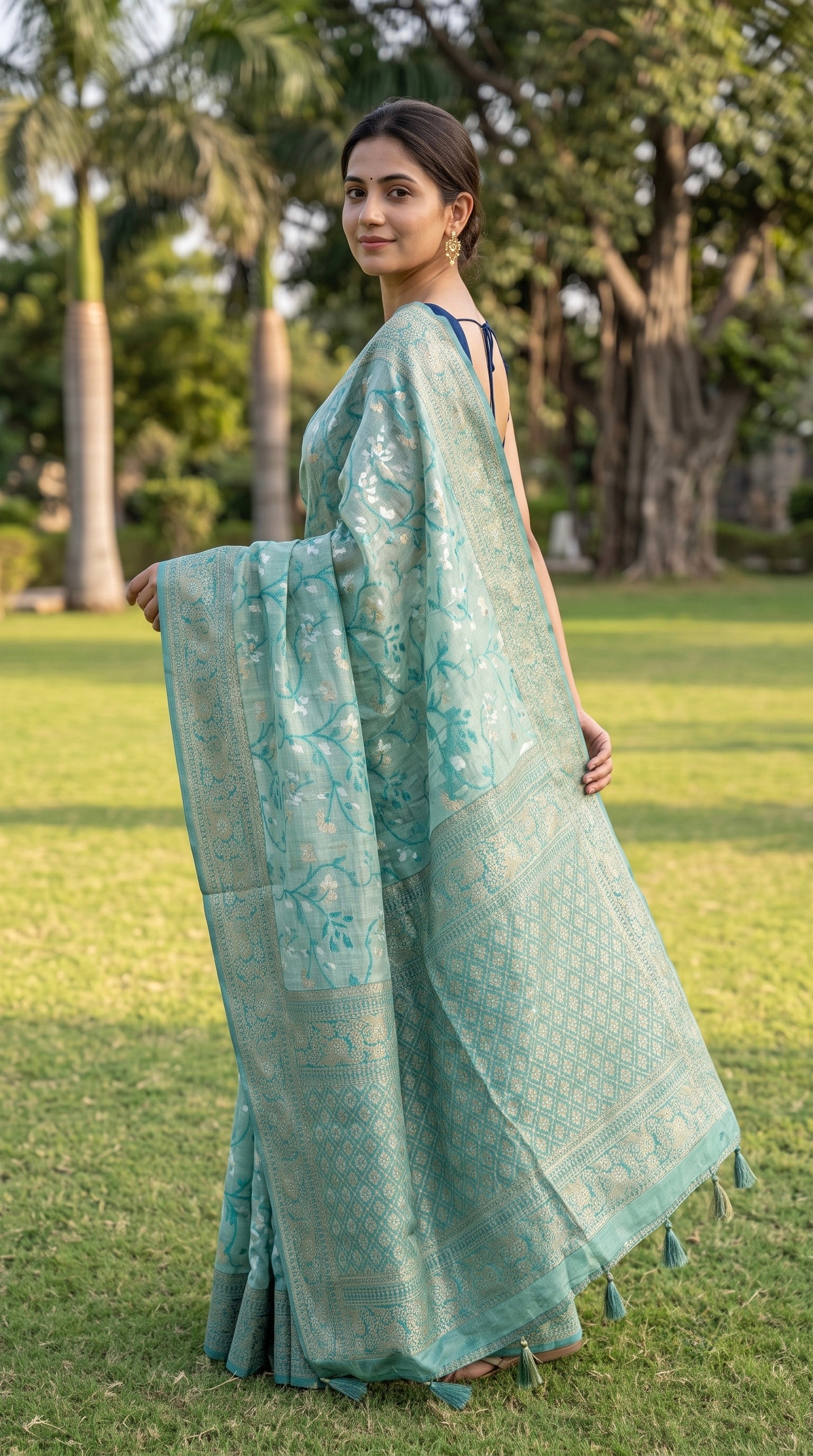Chanderi Cotton saree with jacquard weave pallu in teal