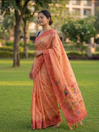 Chanderi cotton saree with woven floral and peacocok motifs