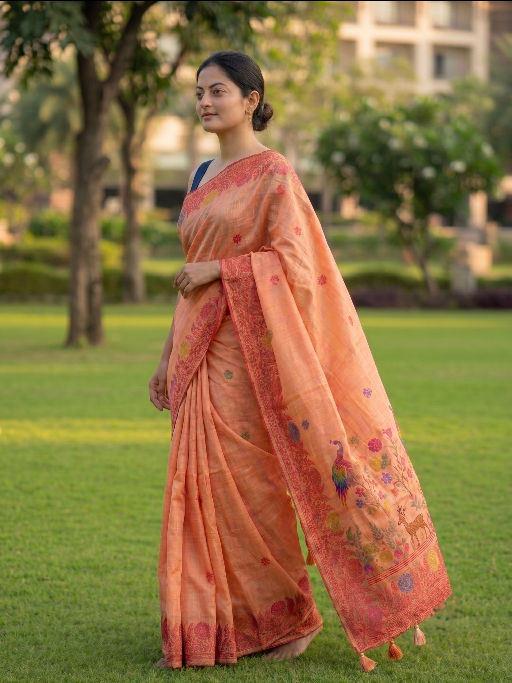 Chanderi cotton saree with woven floral and peacocok motifs