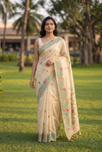 Chanderi Cotton saree with woven floral thread work