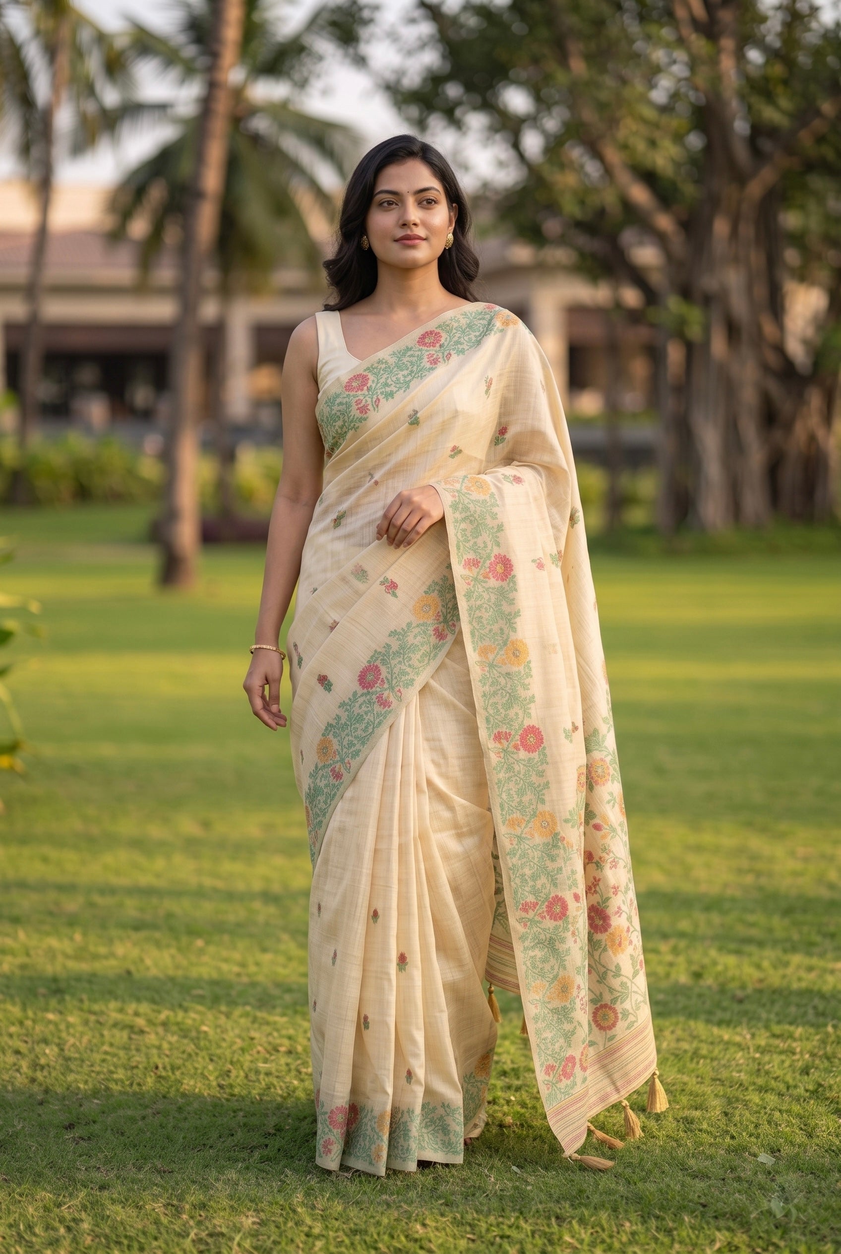 Chanderi Cotton saree with woven floral thread work