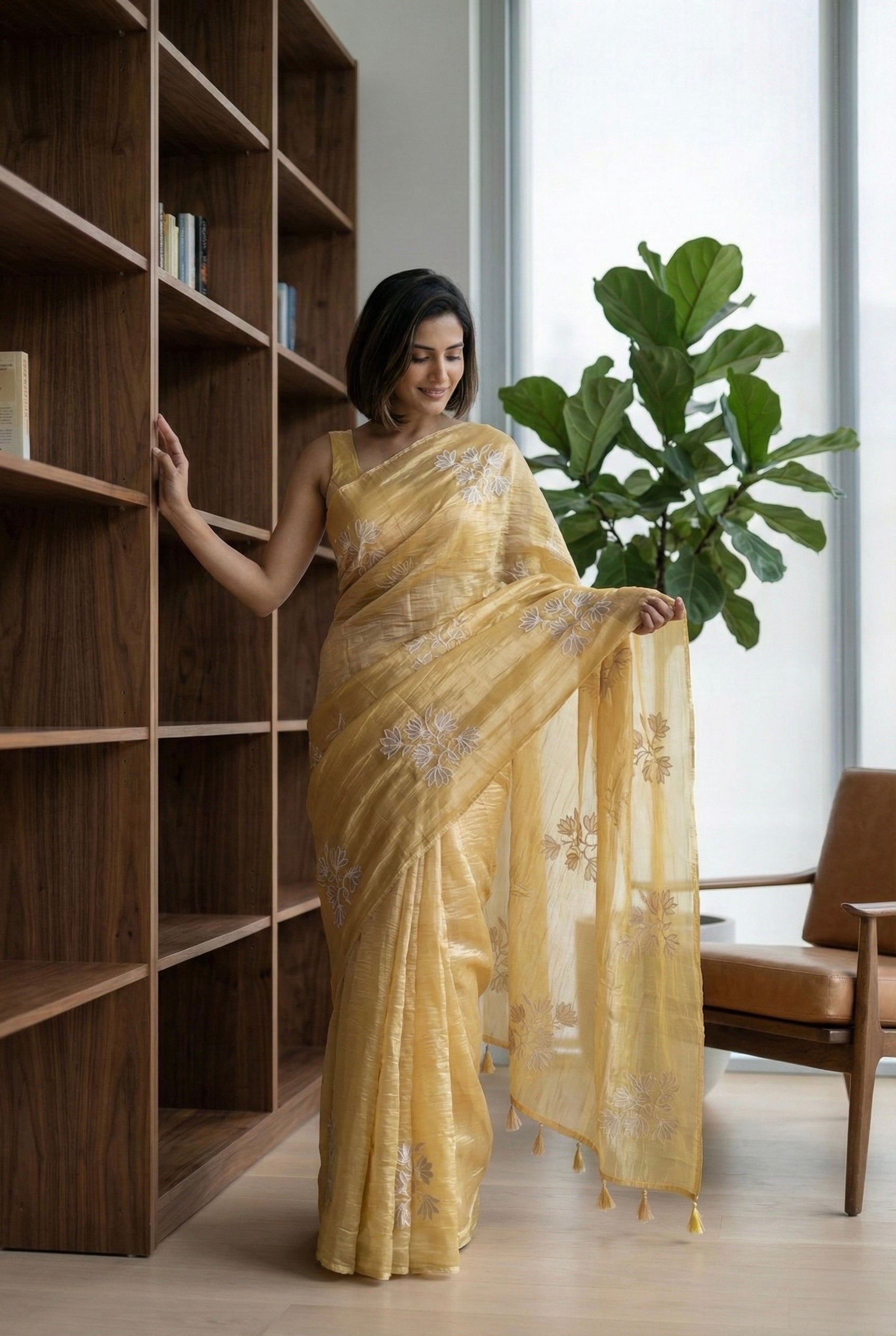 Crushed Organza saree with applique work-Mellow Yellow
