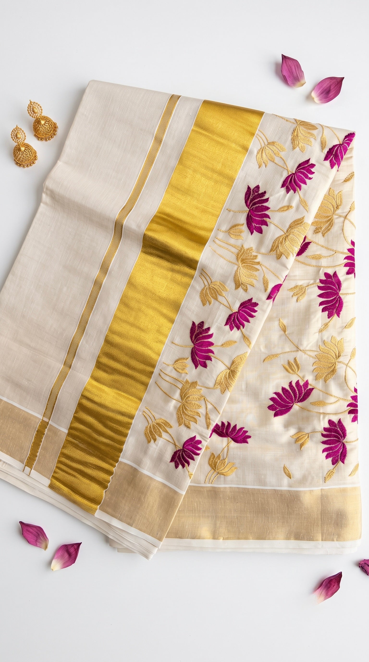 Padma-Kerala kasavu saree in tissue and lotus embroidery