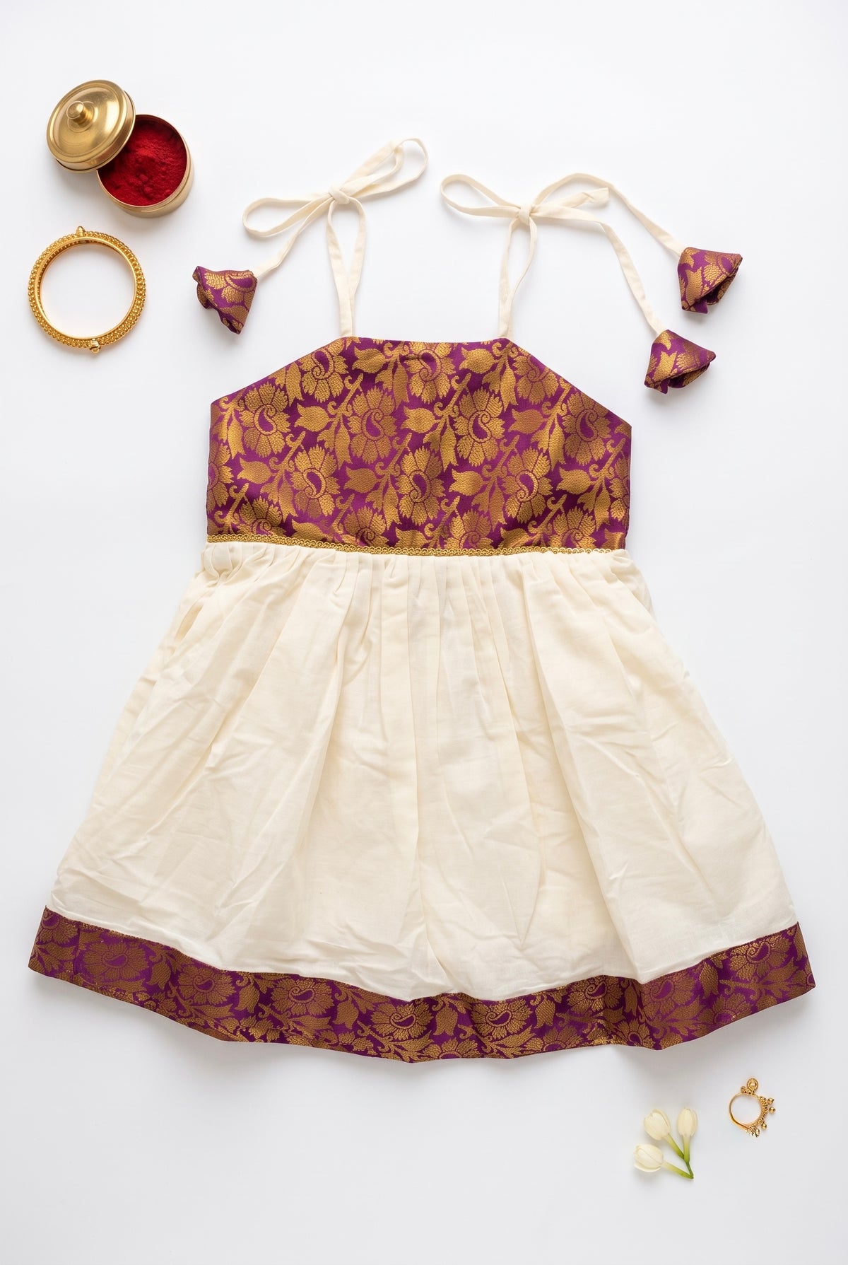 Gulabo - Cotton and Brocade Majenta ethnic frock with tie for girls