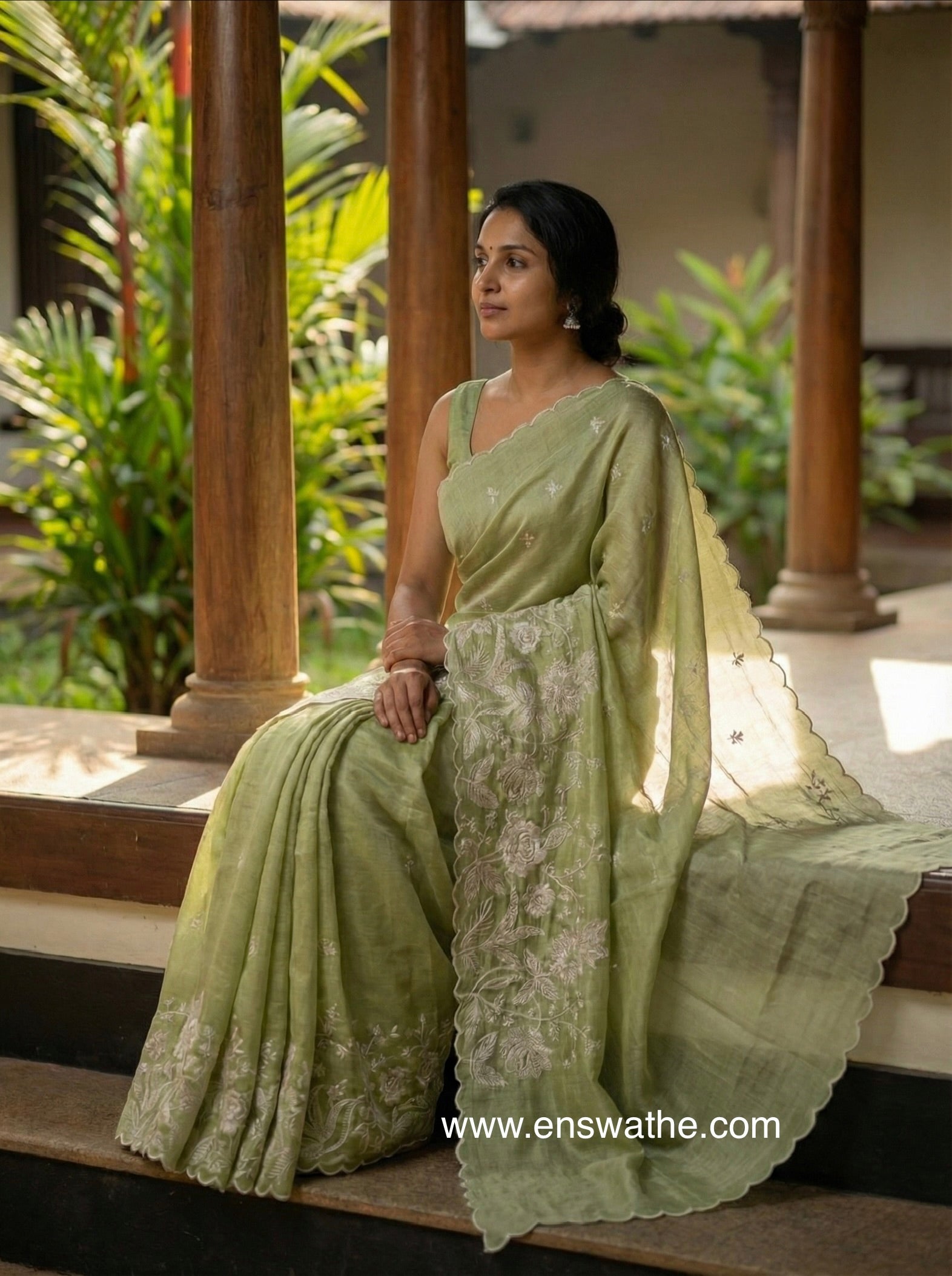 Semi tussar embroidered saree with scalloped border-Pista green