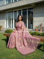 Linen tissue saree in zari work-Onion Pink