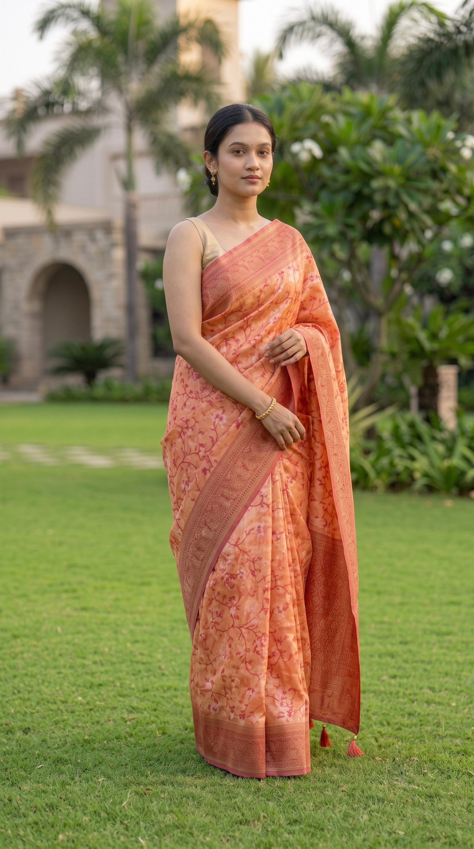 Peach shade Chanderi Cotton saree with jacquard weave pallu