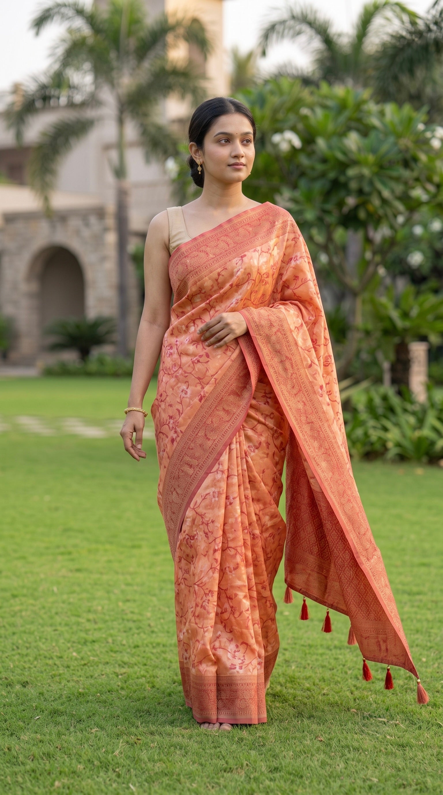 Peach shade Chanderi Cotton saree with jacquard weave pallu