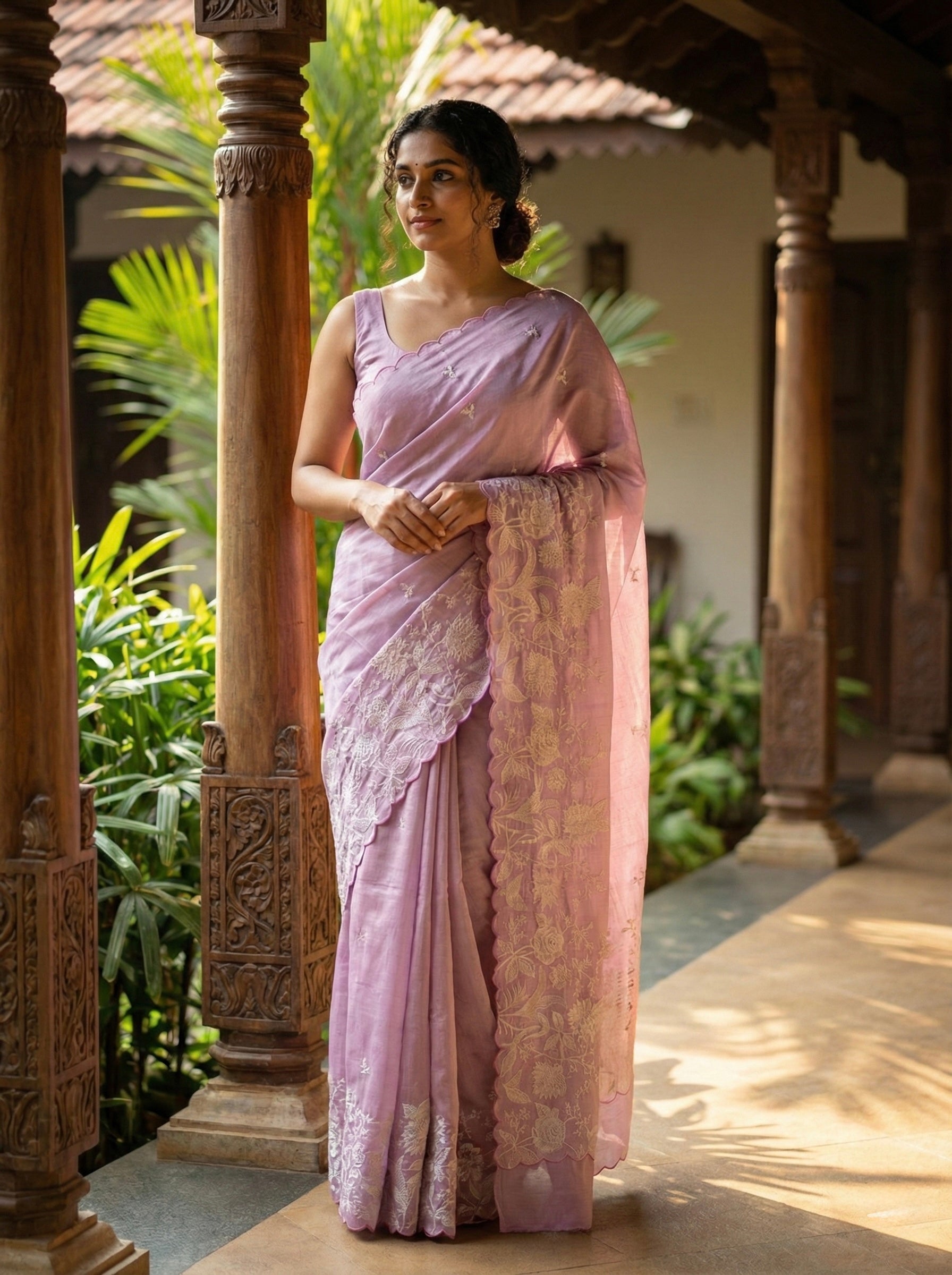 Semi tussar embroidered saree with scalloped border-Lilac
