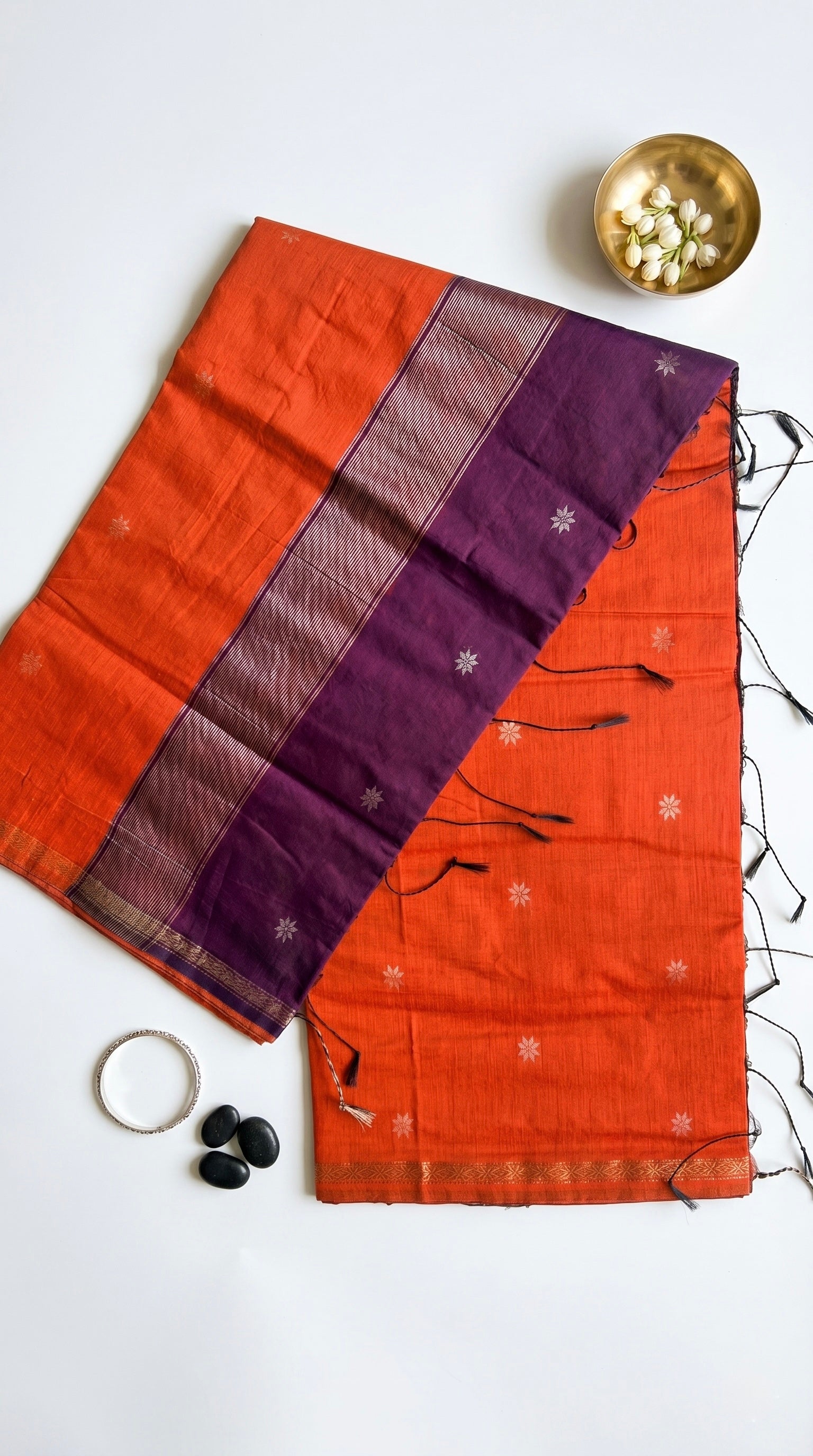 Jwala-Maheswari Cotton Silk Saree-Burnt Orange and Amethyst Pallu