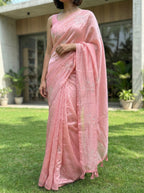 Crushed Organza saree with applique work-Bubblegum Pink