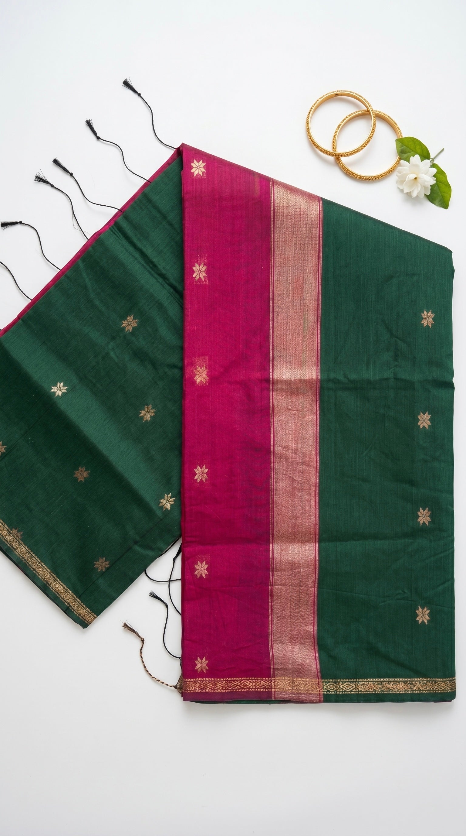 Sitara- Maheswari Cotton Silk Saree-Forest Green and Magenta Pallu