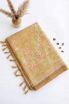Linen tissue saree in zari work-Mustard Yellow