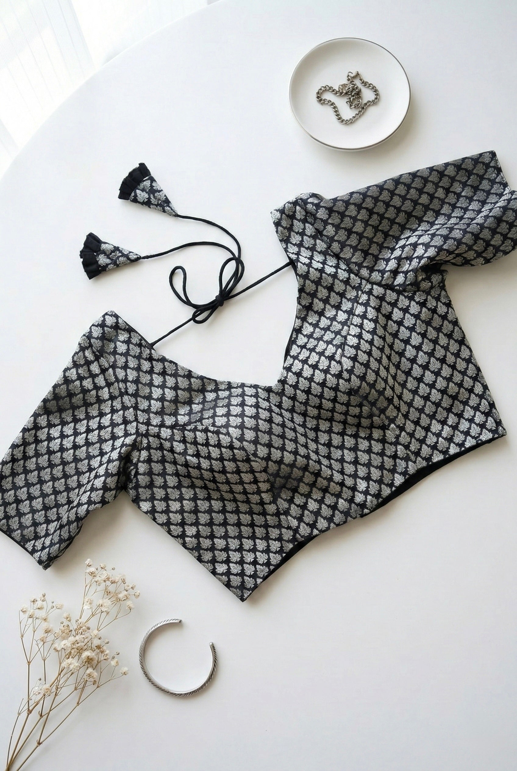 Brocade half sleeve V neck blouse