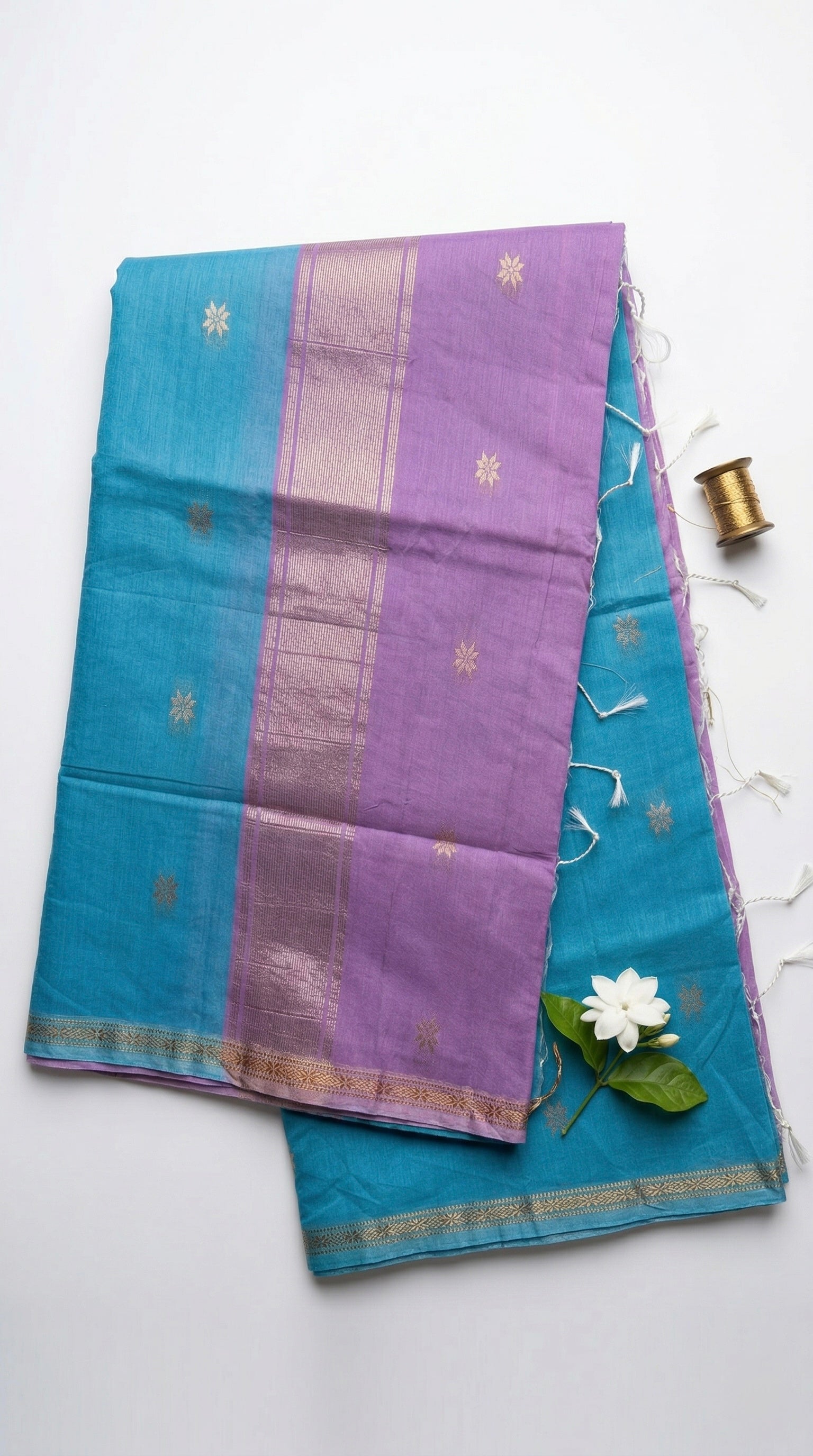 Meher-Maheswari Cotton Silk Saree- Aqua Blue and Lavender Pallu