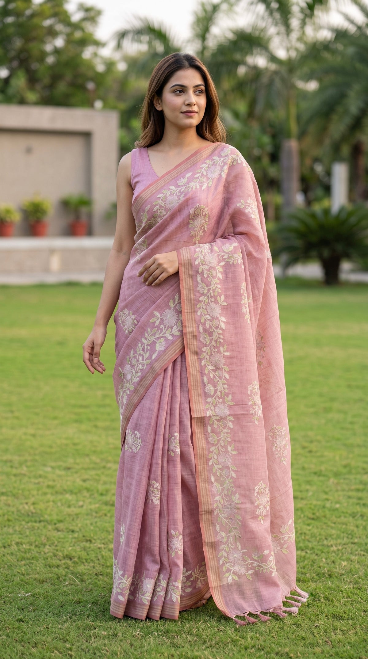 Mamitha-Linen tissue saree in zari and thread work