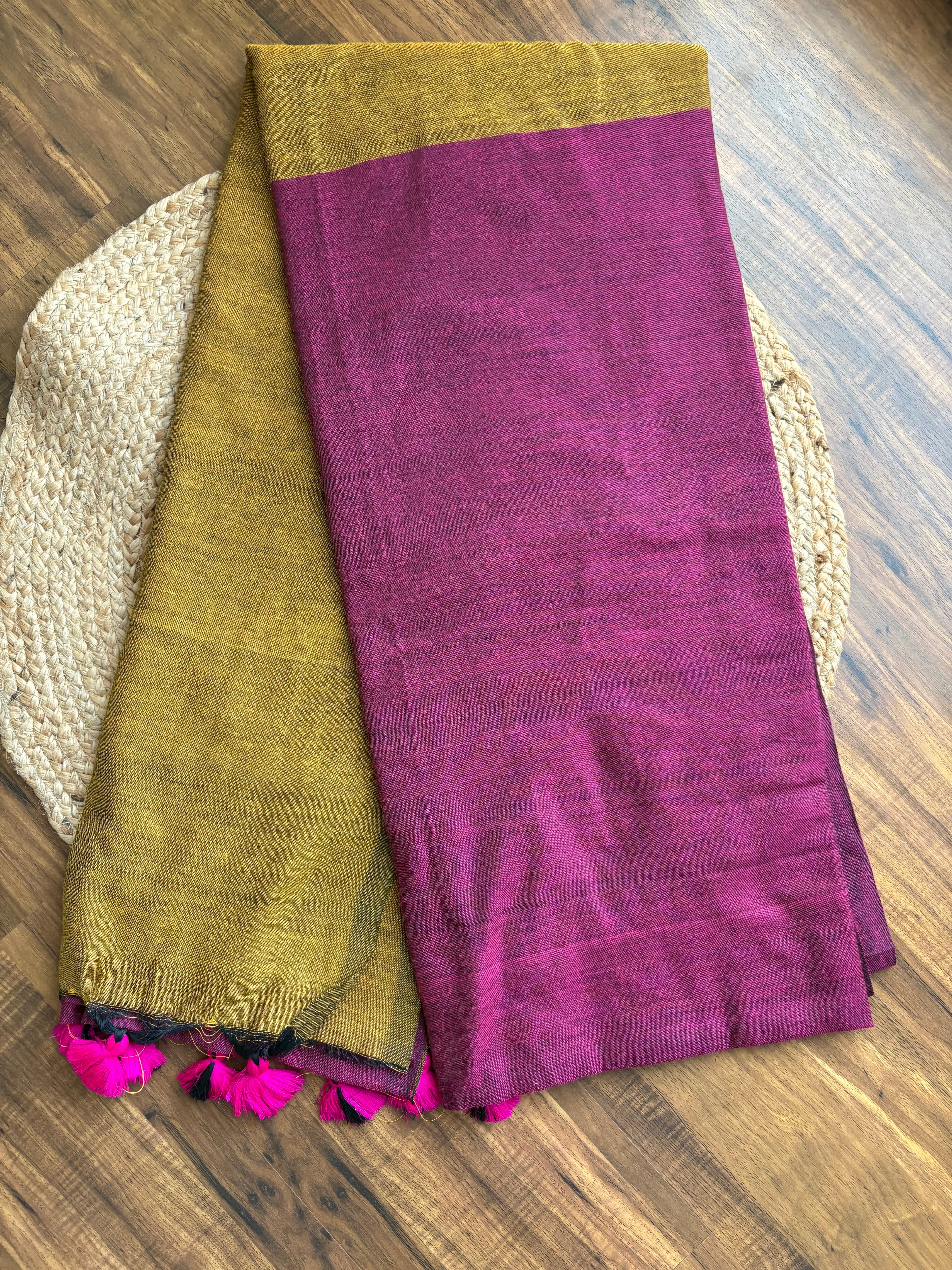 Khadi Cotton Dual Shade Saree in mustard yellow and pink