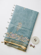 Mamitha-Linen tissue saree in zari and thread work
