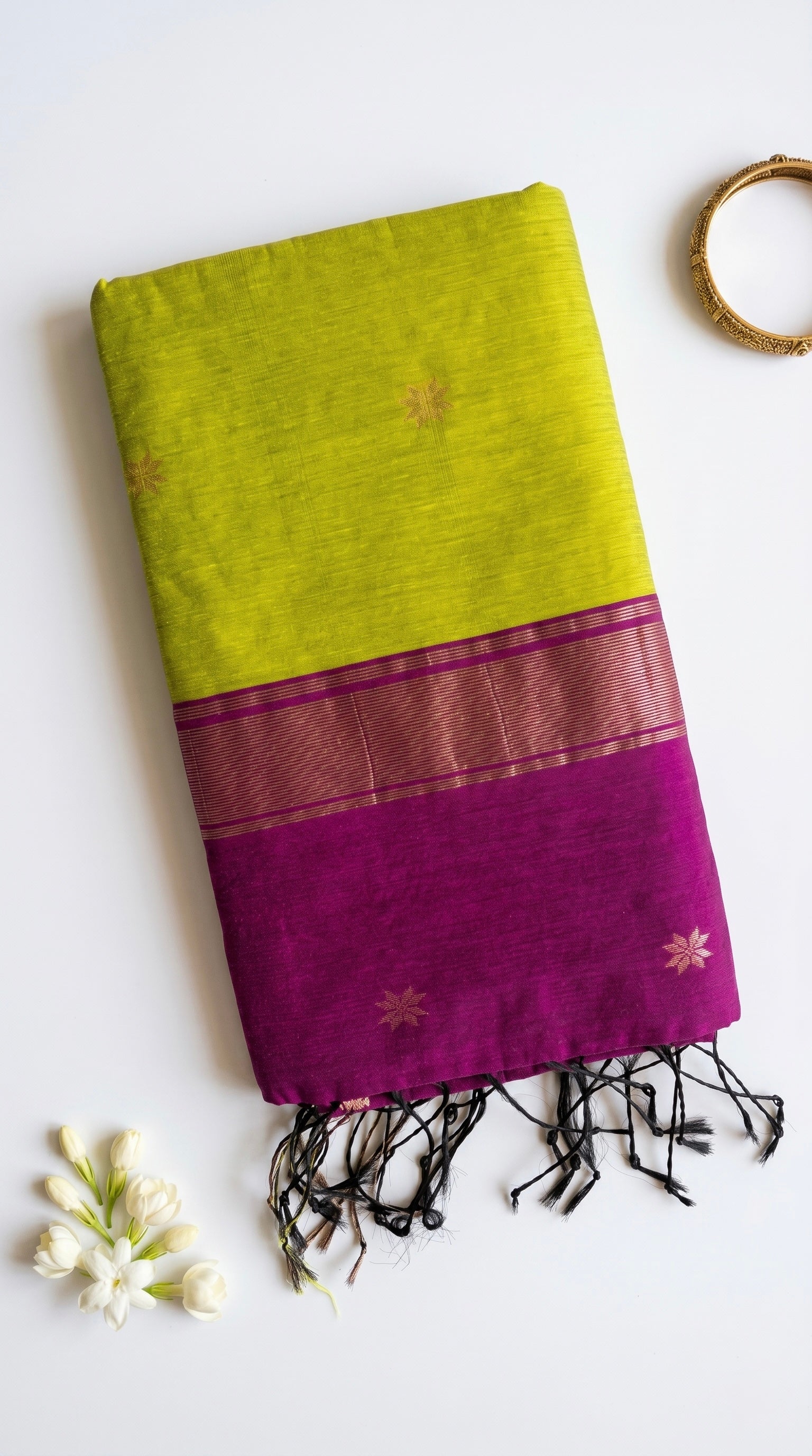 Aabha-Maheswari Cotton Silk Saree-Lime Green and Purple Pallu