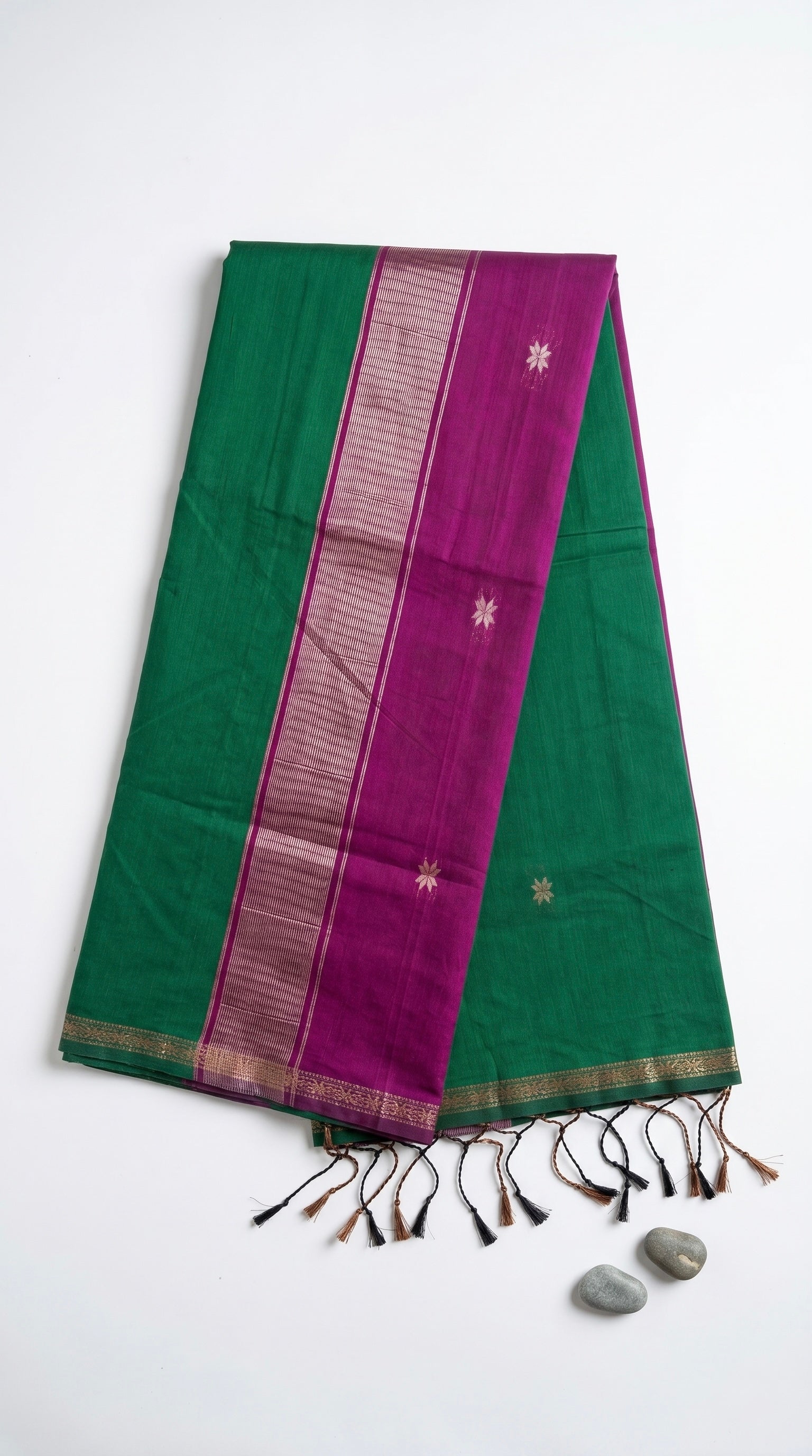 Jiya-Maheswari Cotton Silk Saree-Emerald Green and Purple Pallu