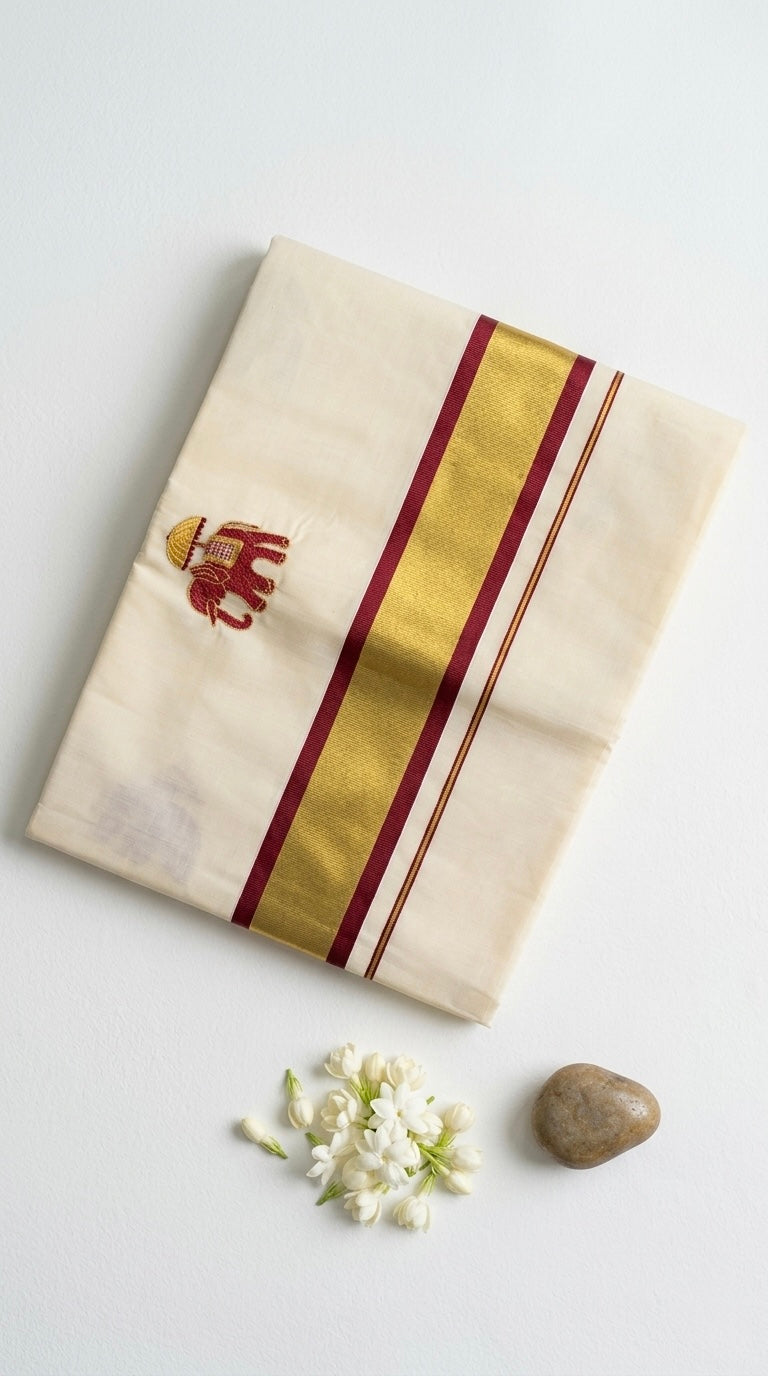Mathangi - Kerala kasavu saree with elephant embroidered motifs
