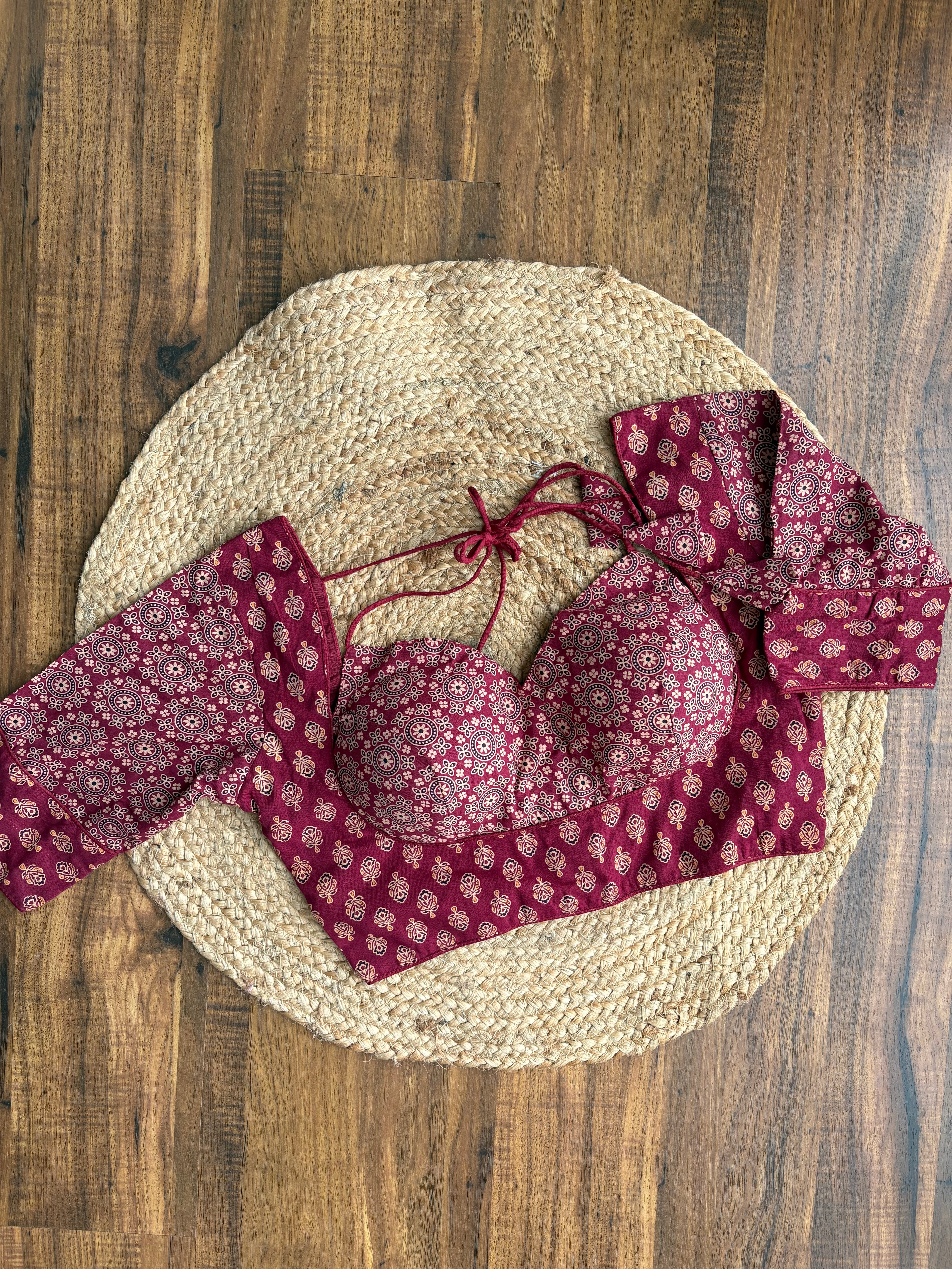 Ajrakh Cotton Half Sleeve Halter neck (with knot) Padded blouse