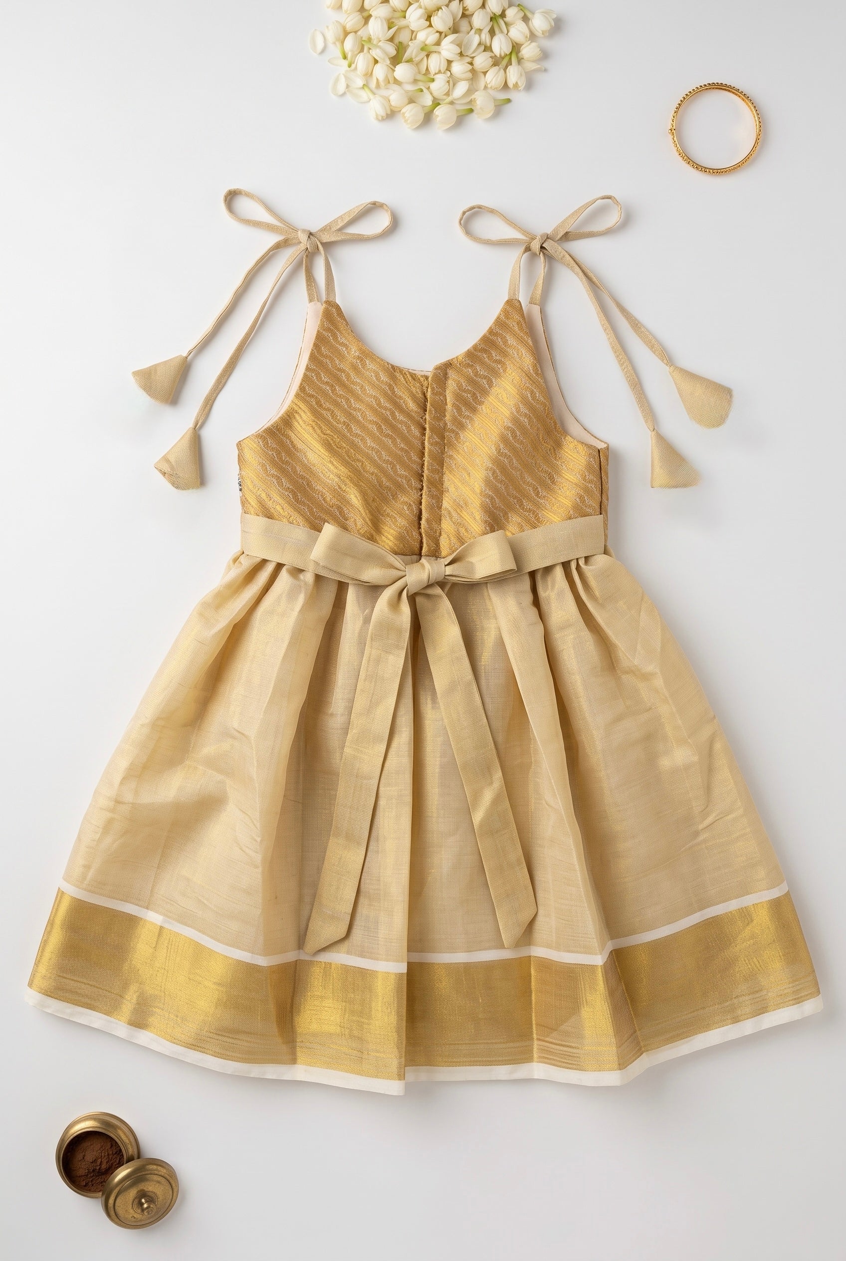 Rosa- Gold tissue ethnic frock with tie for girls