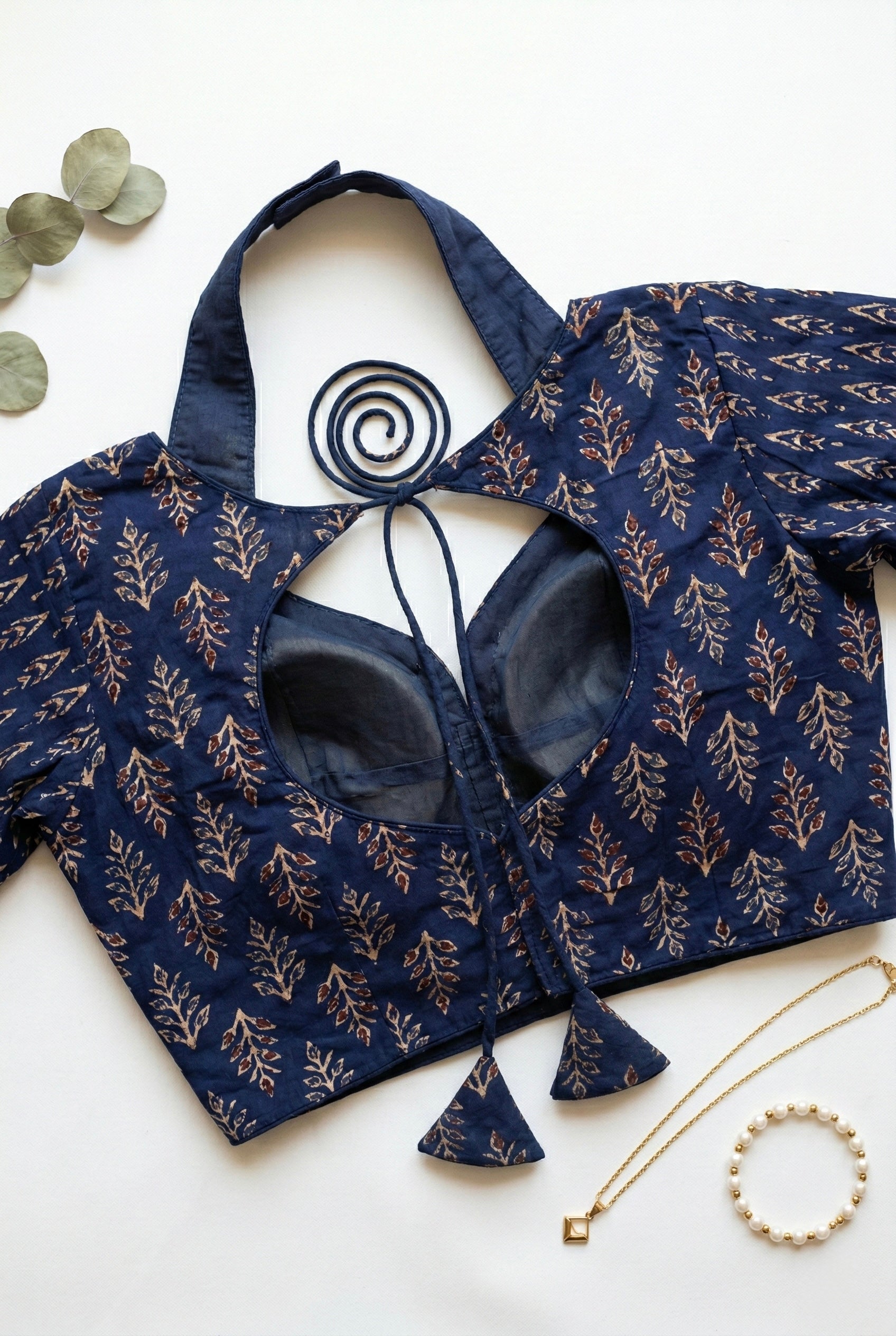 Ajrakh Cotton Half Sleeve Halter neck (with hook) Padded blouse