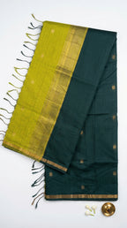 Veda - Maheswari Cotton Silk Saree - Pine Green and Olive Contrast Pallu