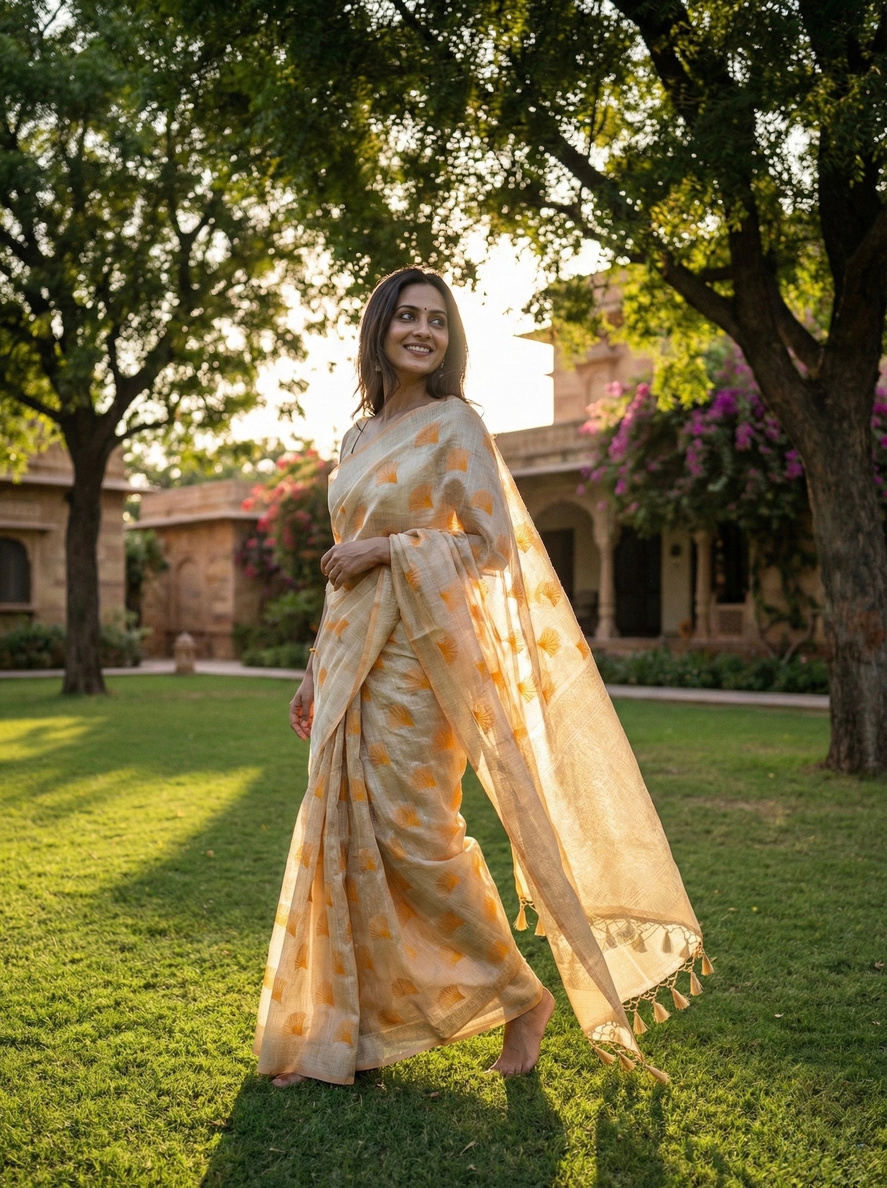 Chanderi blend saree with woven yellow motifs