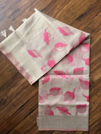 Chanderi blend saree with woven pink leaf motifs