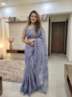 Linen tissue saree in Blue floral thread work