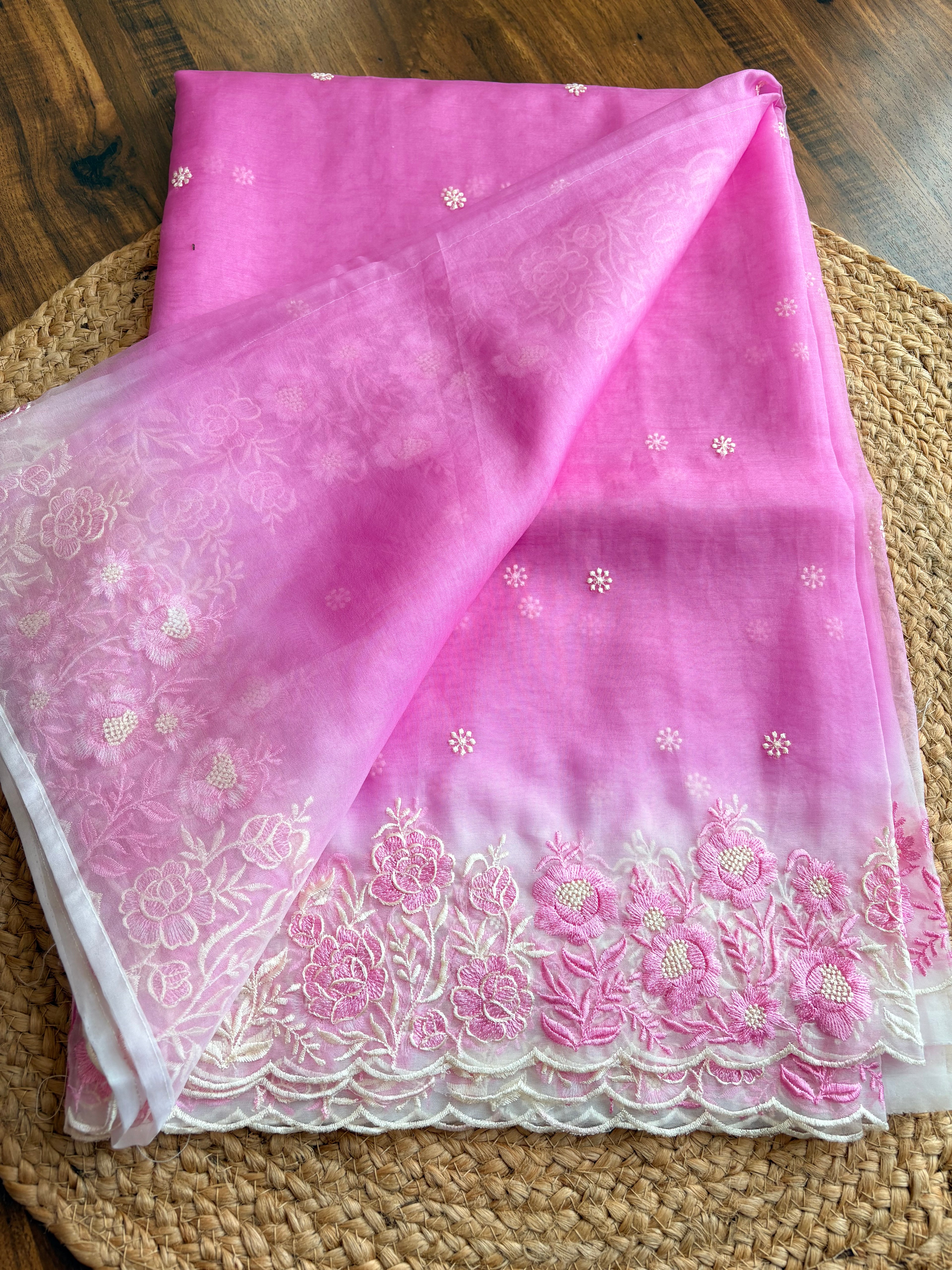 Ombre Organza saree with floral embroidery-Pastel Pink