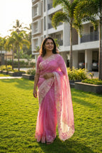 Ombre Organza saree with floral embroidery-Pastel Pink