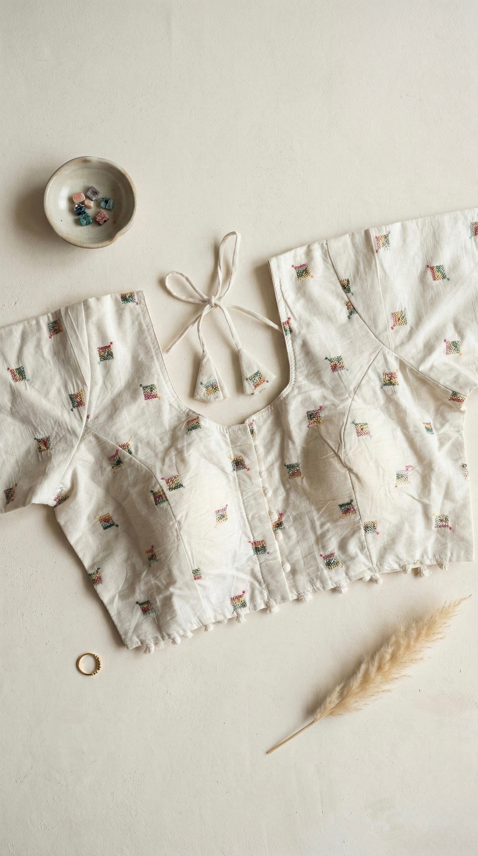 Khadi half sleeve padded blouse in box embroidery pattern