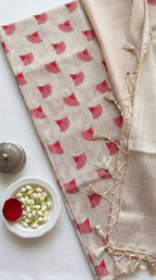 Chanderi blend saree with woven red motifs