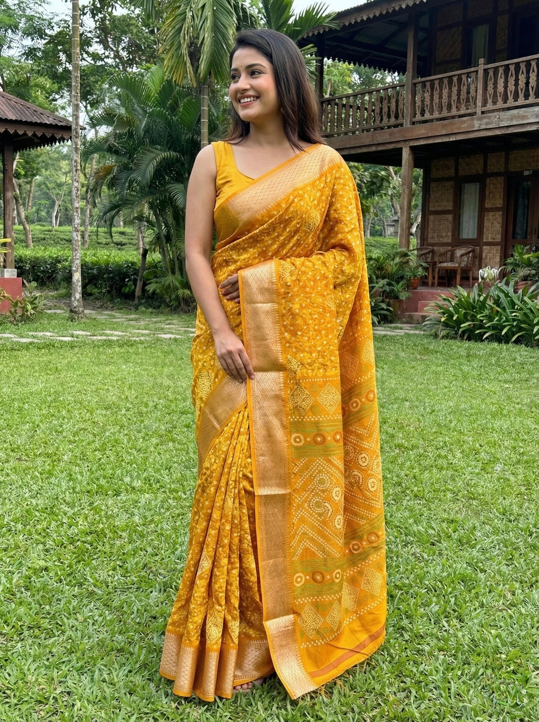 Dola silk saree with bandhani print