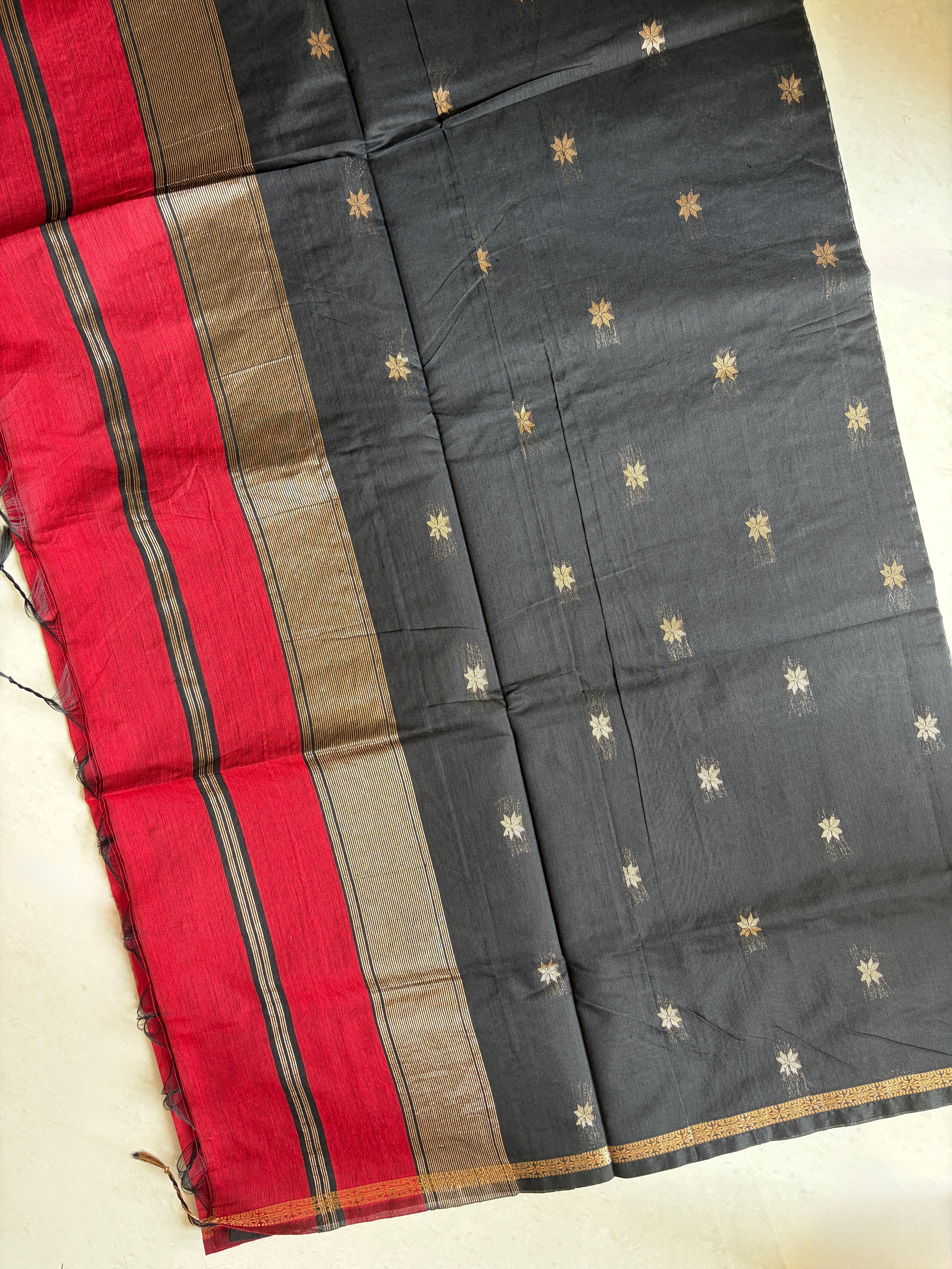 Raga-Maheswari Cotton Silk Saree-Crimson Red and Black Pallu